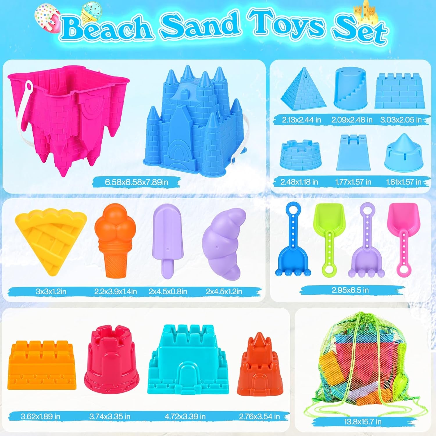 Beach Toys Sand Toys for Kids, Sand Castle Toys for Beach with 2 Castle Bucket and Mesh Bag, Sand Molds, Shovels and Rakes, Sandbox Toys for Toddlers, Travel Beach Toys for Kids 3-10