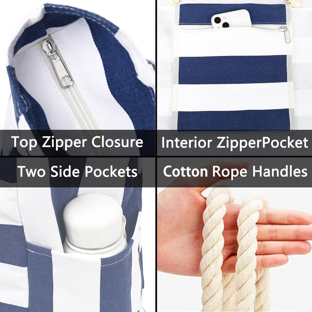 Beach Bags Waterproof Sandproof for Women, Large Canvas Pool Bag with Leakproof Wet Pocket & Zipper Cruise Essentials