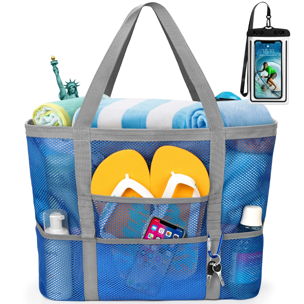 Mesh Beach Bag Rope Handles, Mesh Tote Bag for Women Contains Wicker Oversized Beach Tote Bag with 9 Small Pockets (Blue)