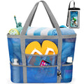 Mesh Beach Bag Rope Handles, Mesh Tote Bag for Women Contains Wicker Oversized Beach Tote Bag with 9 Small Pockets (Blue)