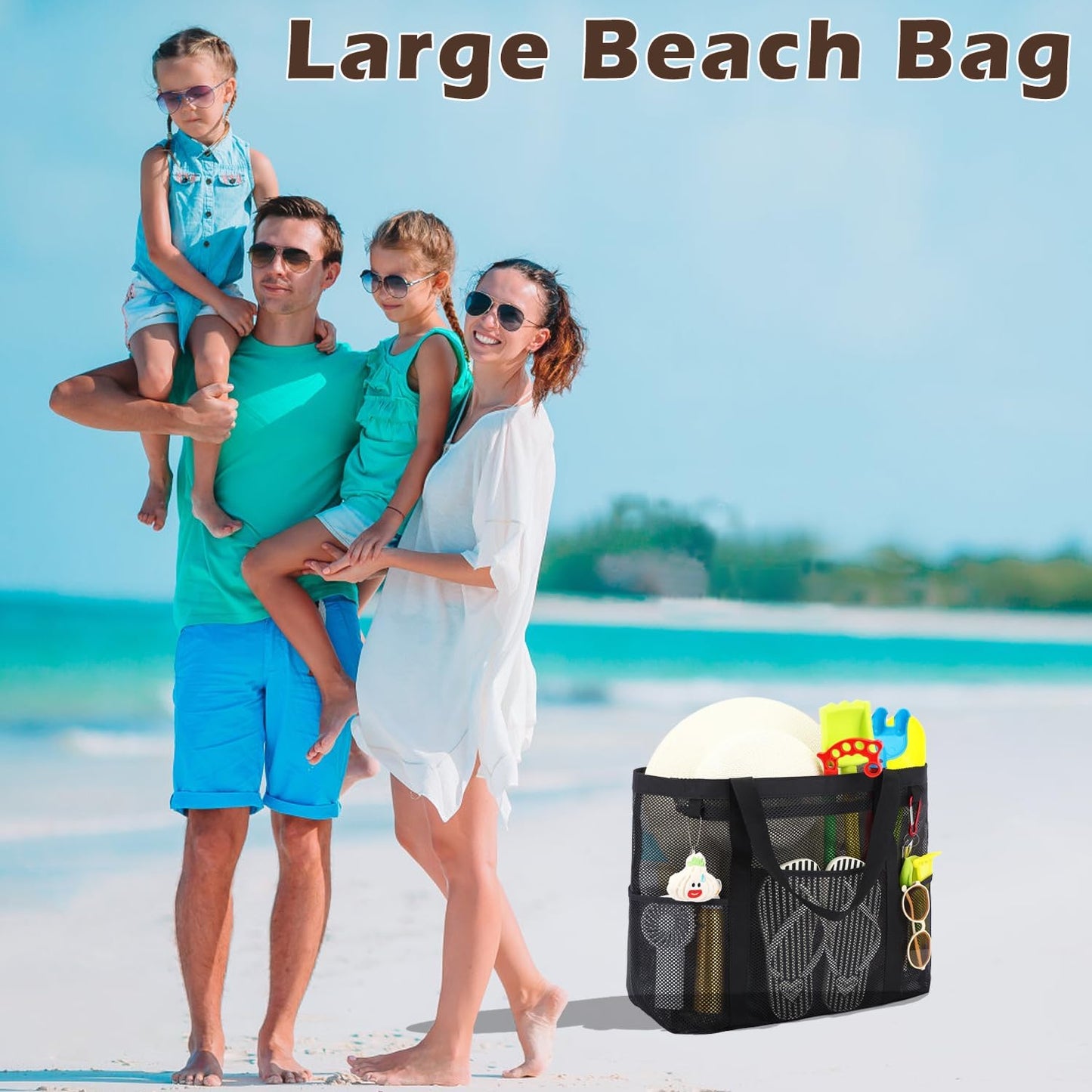 Mesh Beach Bag with Zipper for Women, Large Beach Tote Sandproof Toys Pool Swim Bag Travel Vacation Cruise Essentials
