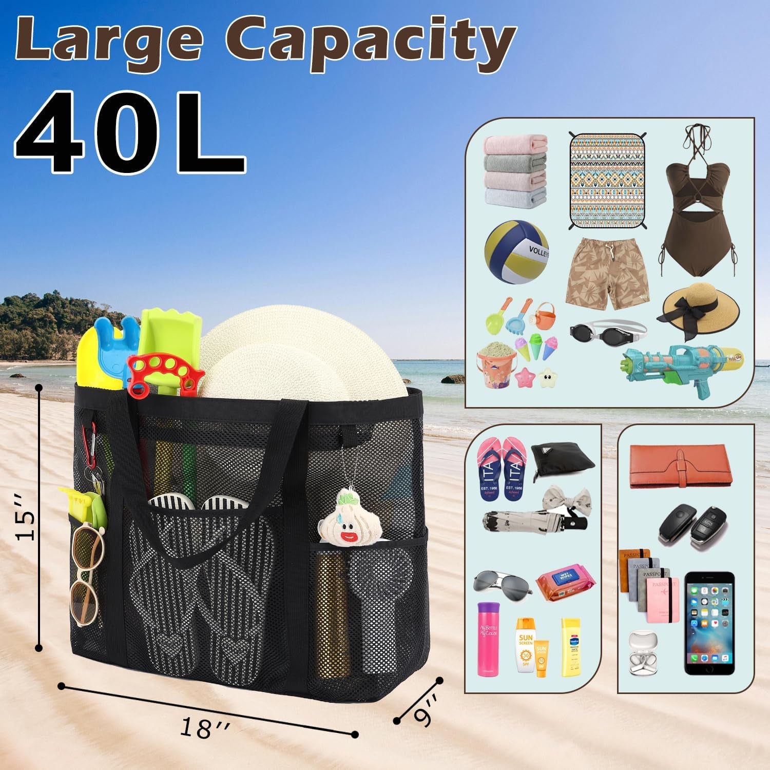 Mesh Beach Bag with Zipper for Women, Large Beach Tote Sandproof Toys Pool Swim Bag Travel Vacation Cruise Essentials