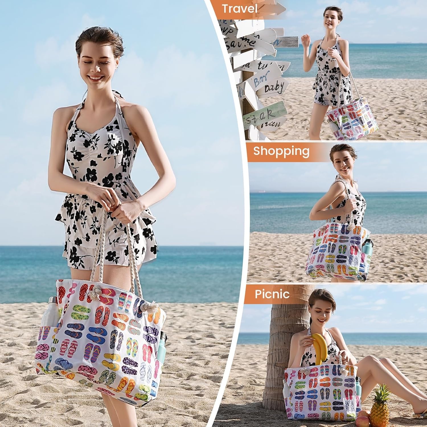 Beach Bag for Women - Large Beach Tote Bag, Beach Bag Waterproof Sandproof, Swim Pool Beach Tote with Zippers