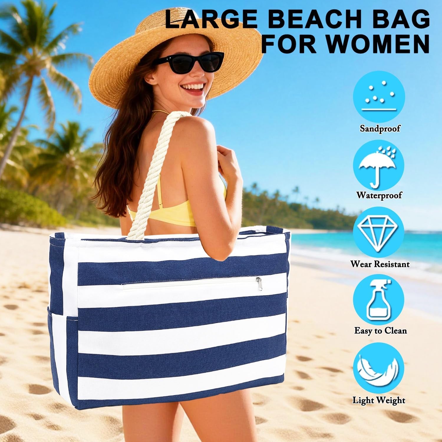 Beach Bags Waterproof Sandproof for Women, Large Canvas Pool Bag with Leakproof Wet Pocket & Zipper Cruise Essentials