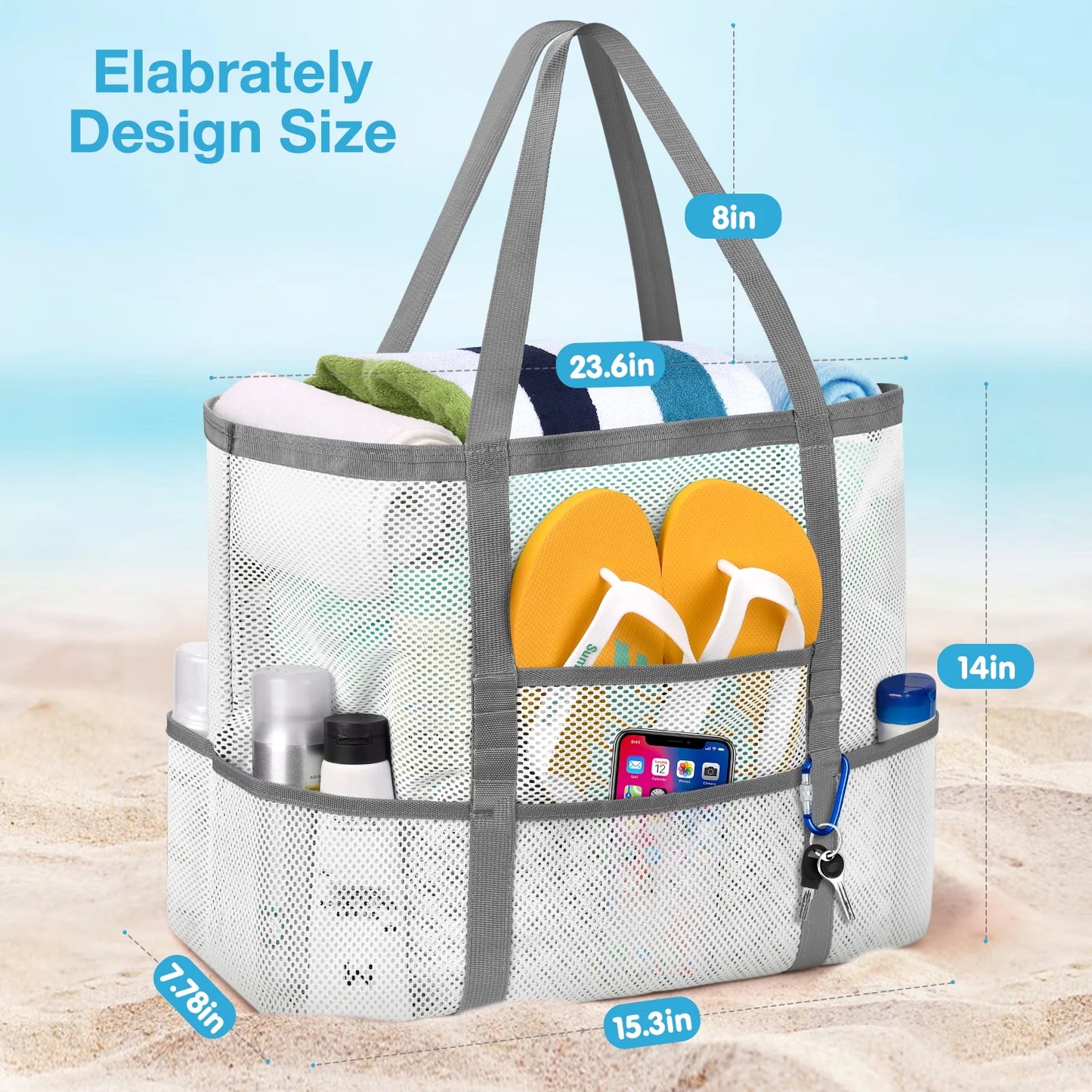 Mesh Beach Bag Rope Handles, Mesh Tote Bag for Women Contains Wicker Oversized Beach Tote Bag with 9 Small Pockets (White)