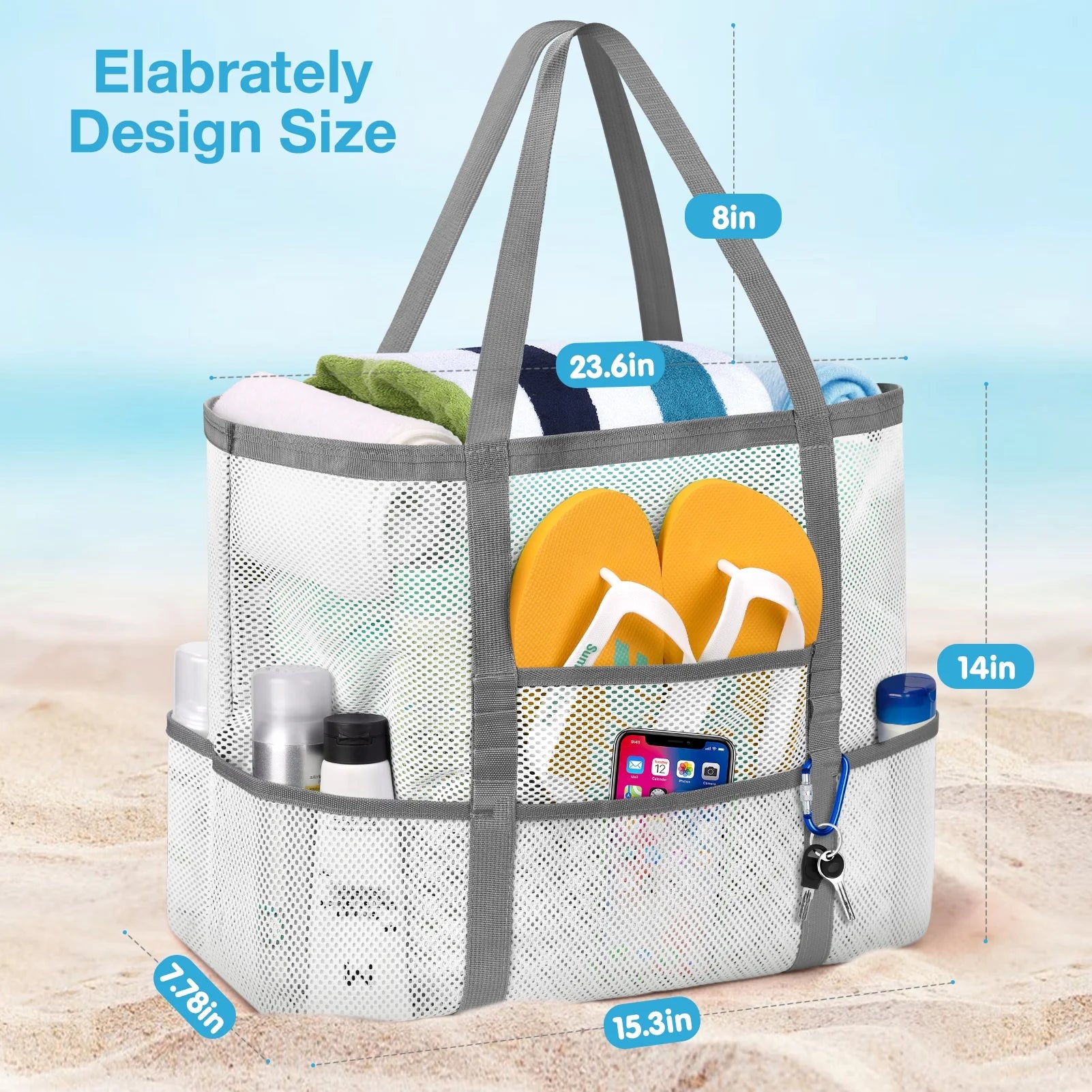 Mesh Beach Bag Rope Handles, Mesh Tote Bag for Women Contains Wicker Oversized Beach Tote Bag with 9 Small Pockets (White)