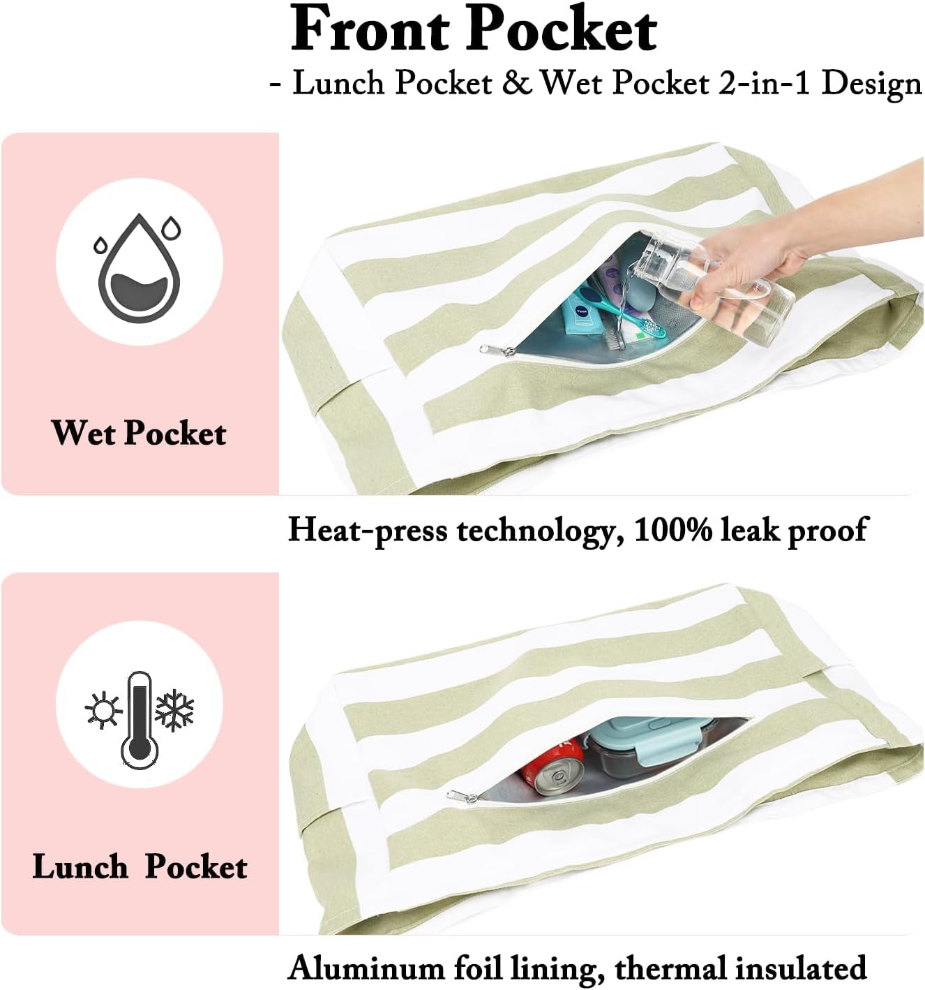 Beach Bags Waterproof Sandproof for Women, Large Canvas Pool Bag with Leakproof Wet Pocket & Zipper Cruise Essentials