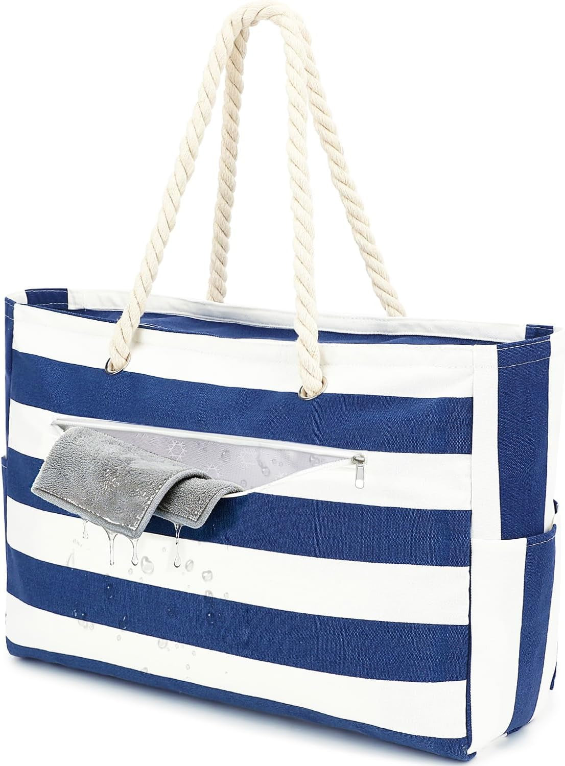 Beach Bags Waterproof Sandproof for Women, Large Canvas Pool Bag with Leakproof Wet Pocket & Zipper Cruise Essentials