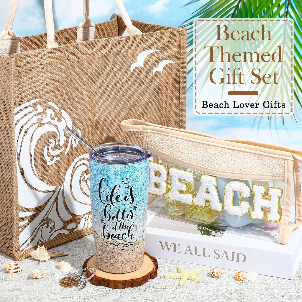 6 Pcs Beach Gifts for Women Set Beach Theme Gift Set Burlap Tote Bags Cosmetic Bag 20 Oz Tumbler Keychain for Birthday Holiday Travel Wedding Bridal Shower Bride Bridesmaid Honeymoon(Classic)