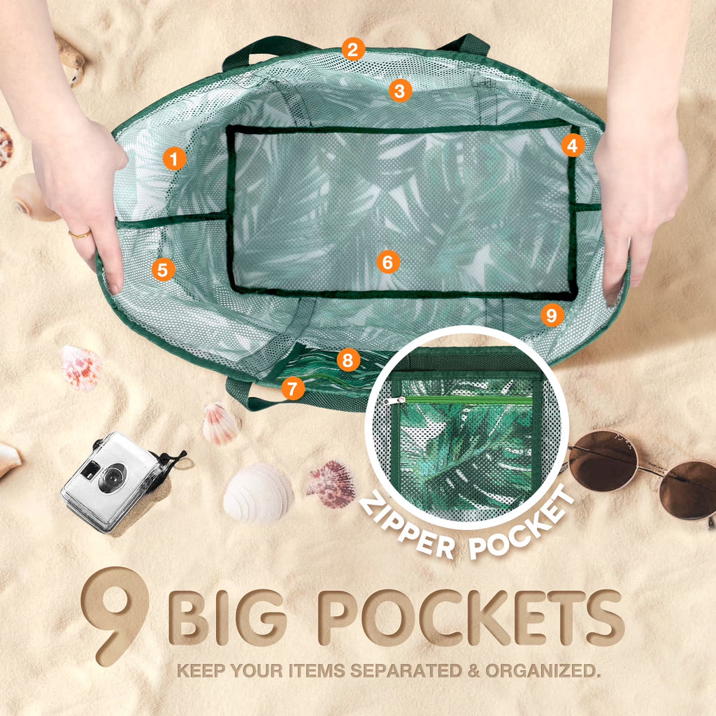 Mesh Beach Bag Rope Handles, Mesh Tote Bag for Women Contains Wicker Oversized Beach Tote Bag with 9 Small Pockets (Green)