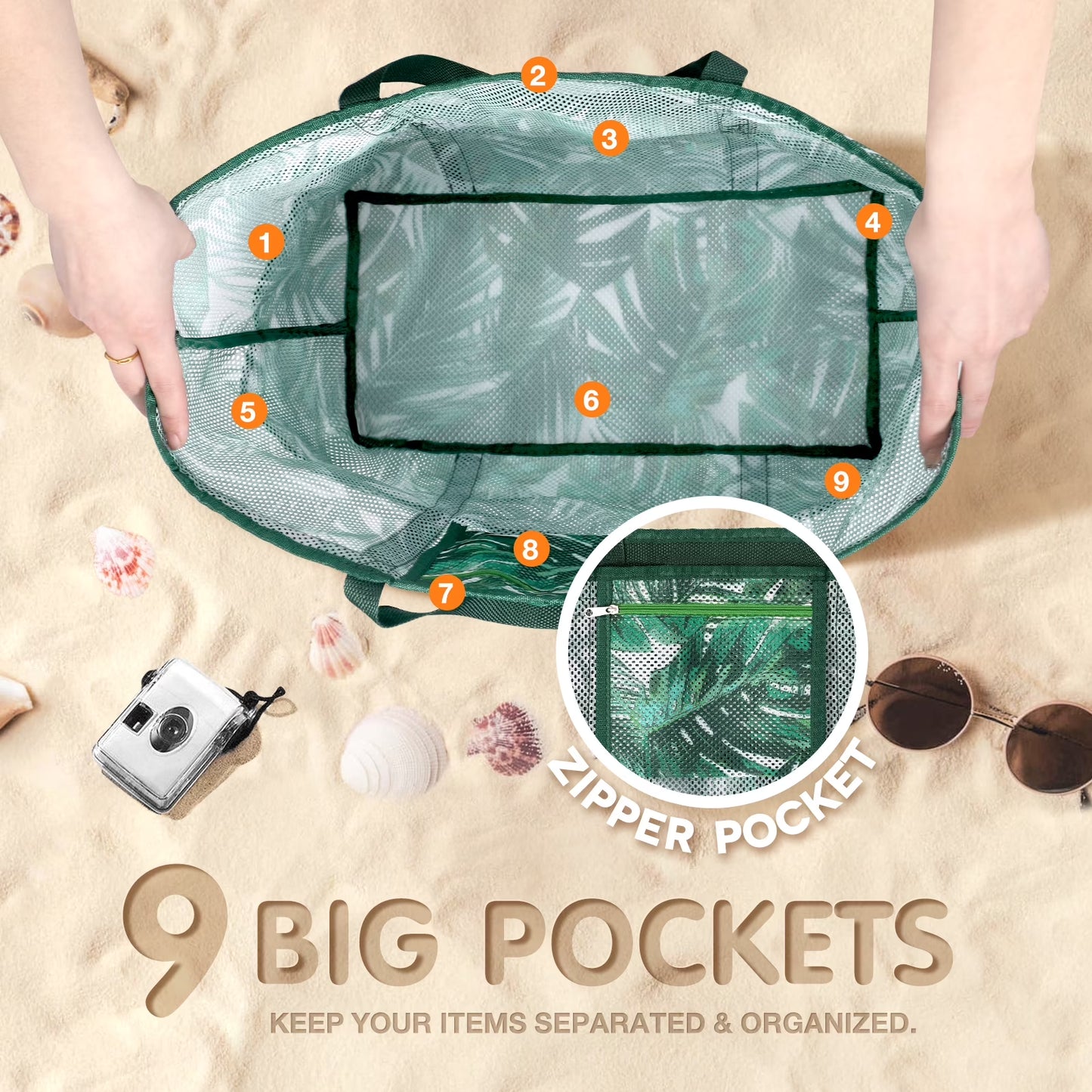 Mesh Beach Bag Rope Handles, Mesh Tote Bag for Women Contains Wicker Oversized Beach Tote Bag with 9 Small Pockets (Green)