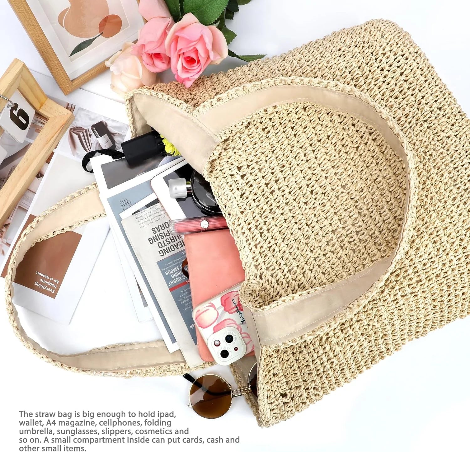 Straw Beach Bag for Women Summer Woven Beach Tote Bag Shoulder Handbags Boho Bag