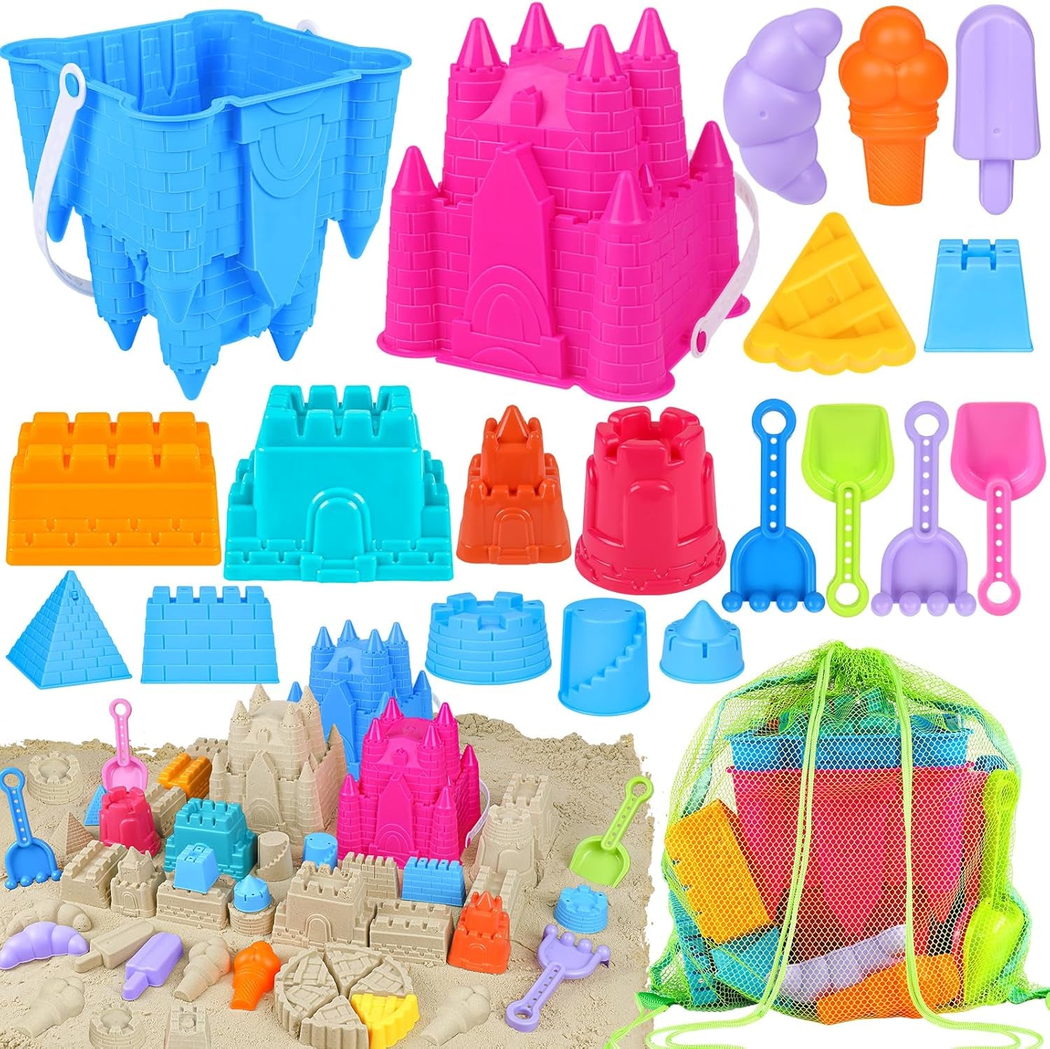 Beach Toys Sand Toys for Kids, Sand Castle Toys for Beach with 2 Castle Bucket and Mesh Bag, Sand Molds, Shovels and Rakes, Sandbox Toys for Toddlers, Travel Beach Toys for Kids 3-10