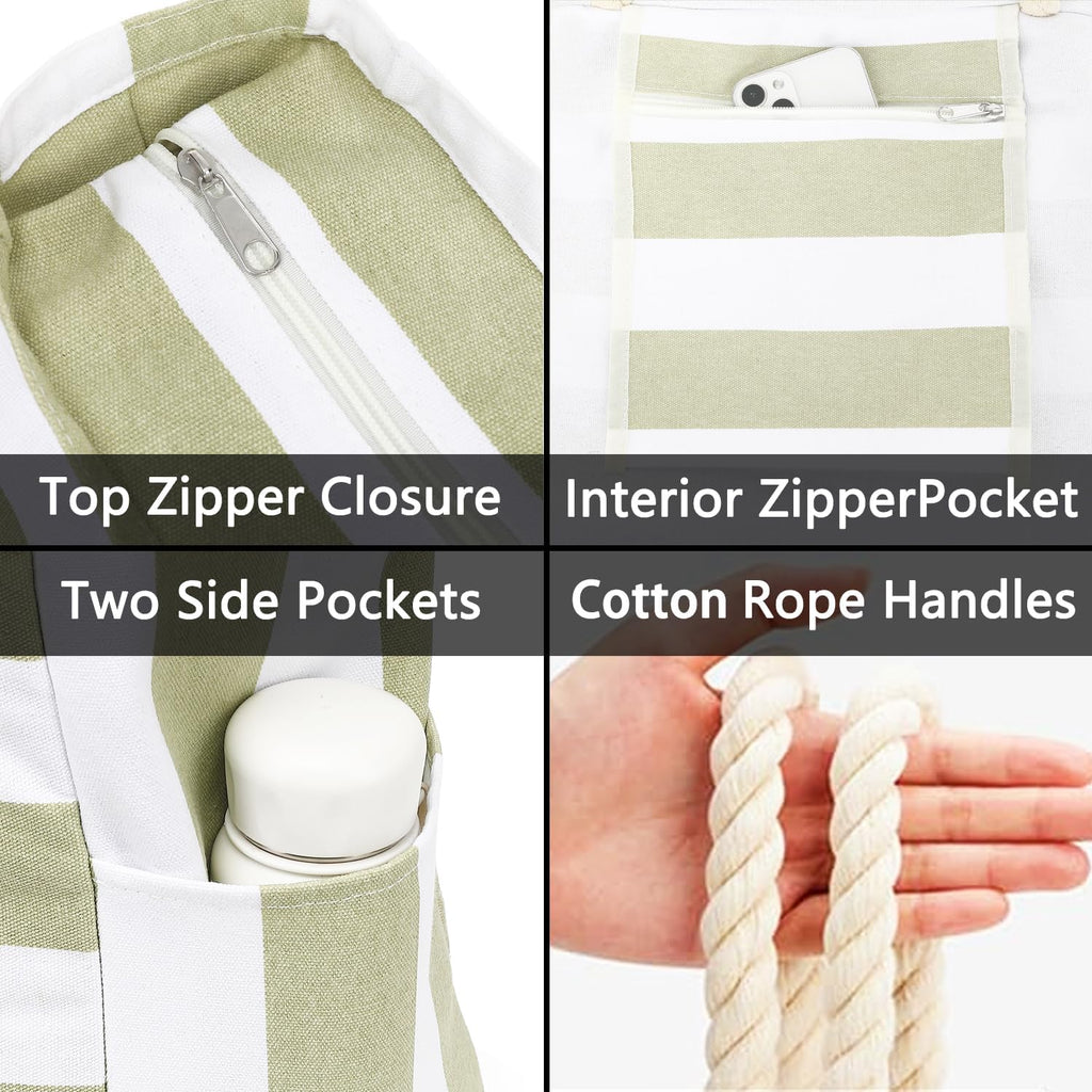 Beach Bags Waterproof Sandproof for Women, Large Canvas Pool Bag with Leakproof Wet Pocket & Zipper Cruise Essentials