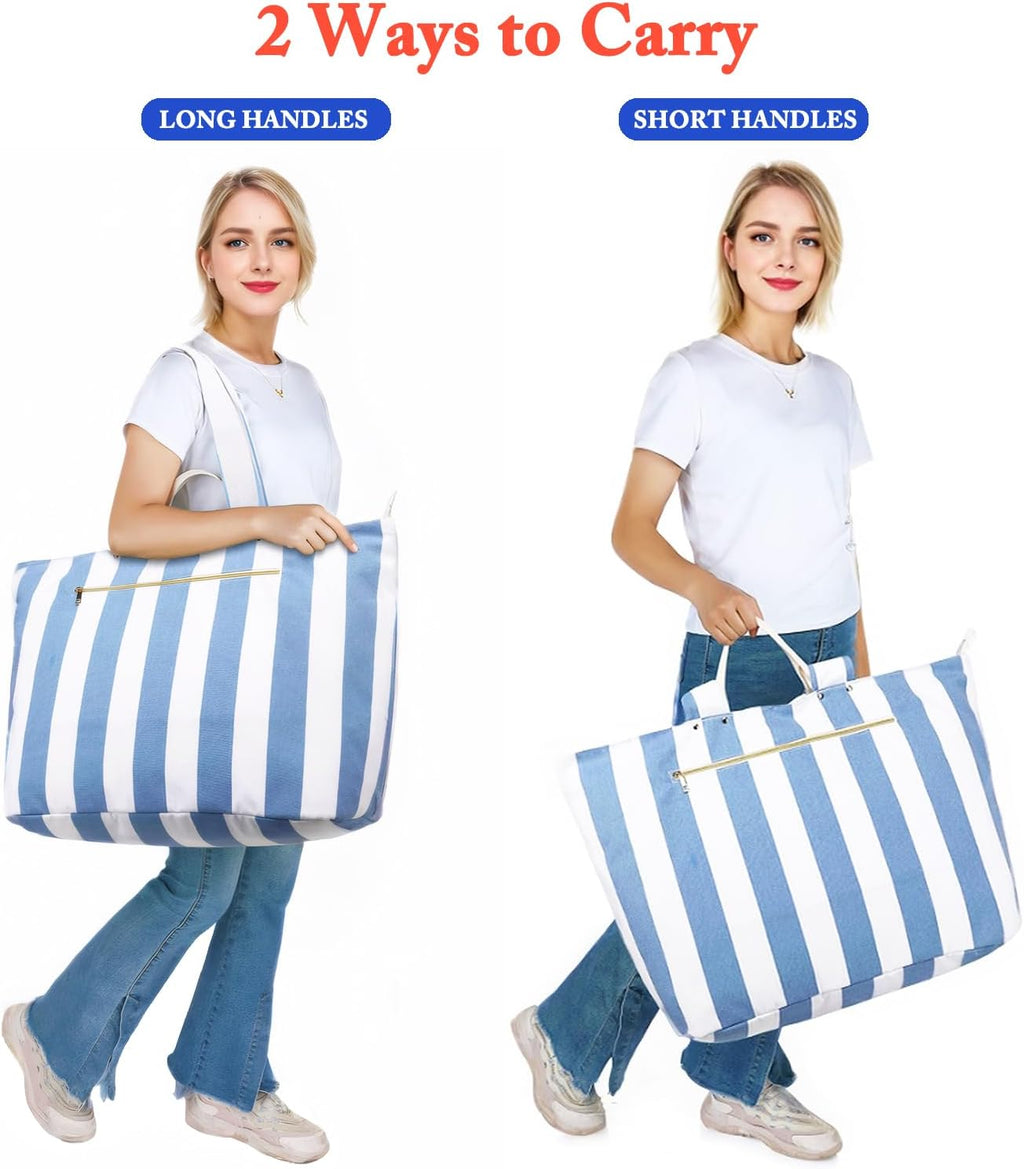 Beach Bags Waterproof Sandproof for Women, Large Canvas Pool Bag with Leakproof Wet Pocket & Zipper Cruise Essentials