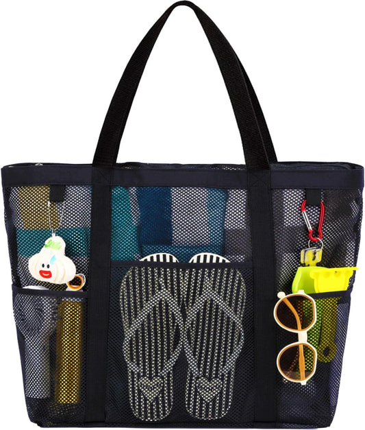 Mesh Beach Bag with Zipper for Women, Large Beach Tote Sandproof Toys Pool Swim Bag Travel Vacation Cruise Essentials