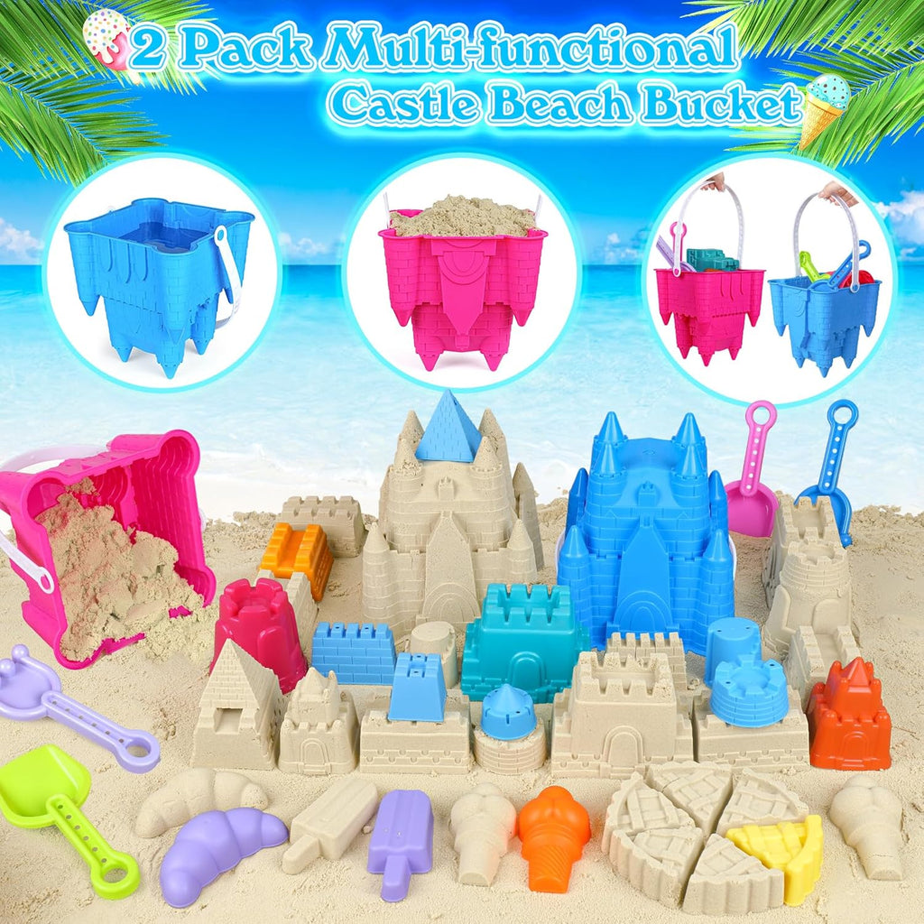 Beach Toys Sand Toys for Kids, Sand Castle Toys for Beach with 2 Castle Bucket and Mesh Bag, Sand Molds, Shovels and Rakes, Sandbox Toys for Toddlers, Travel Beach Toys for Kids 3-10
