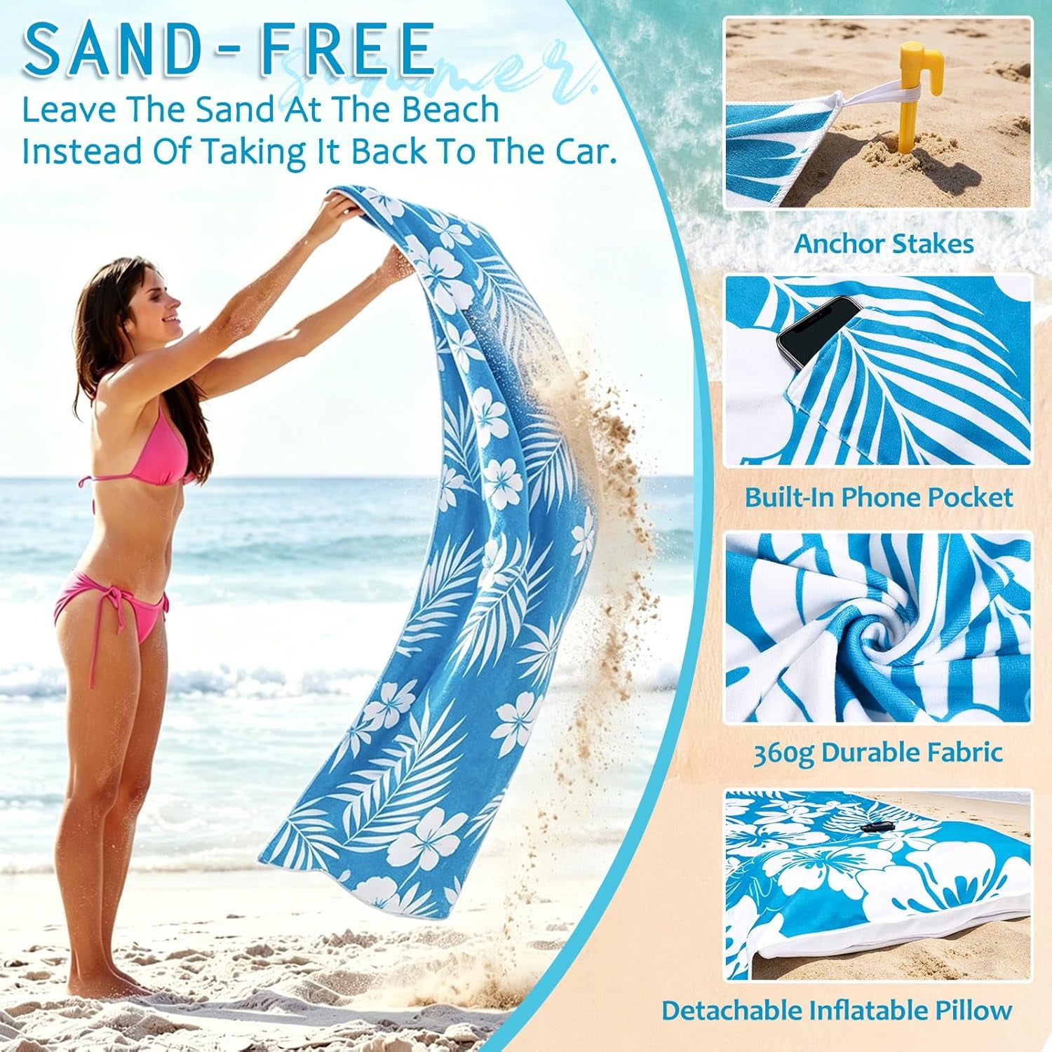 Beach Blanket Waterproof Sandproof with Inflatable Pillow, 79"×35" Sand Free Beach Mat with 4 Stakes & Carry Bag, Lightweight Portable Beach Blankets for Beach Travel Camping Picnic