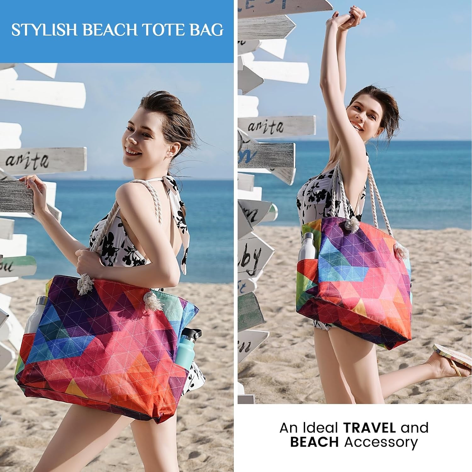 Beach Bag for Women - Large Beach Tote Bag, Waterproof Sandproof Beach Bag with Zipper, Large Swim Pool Beach Tote