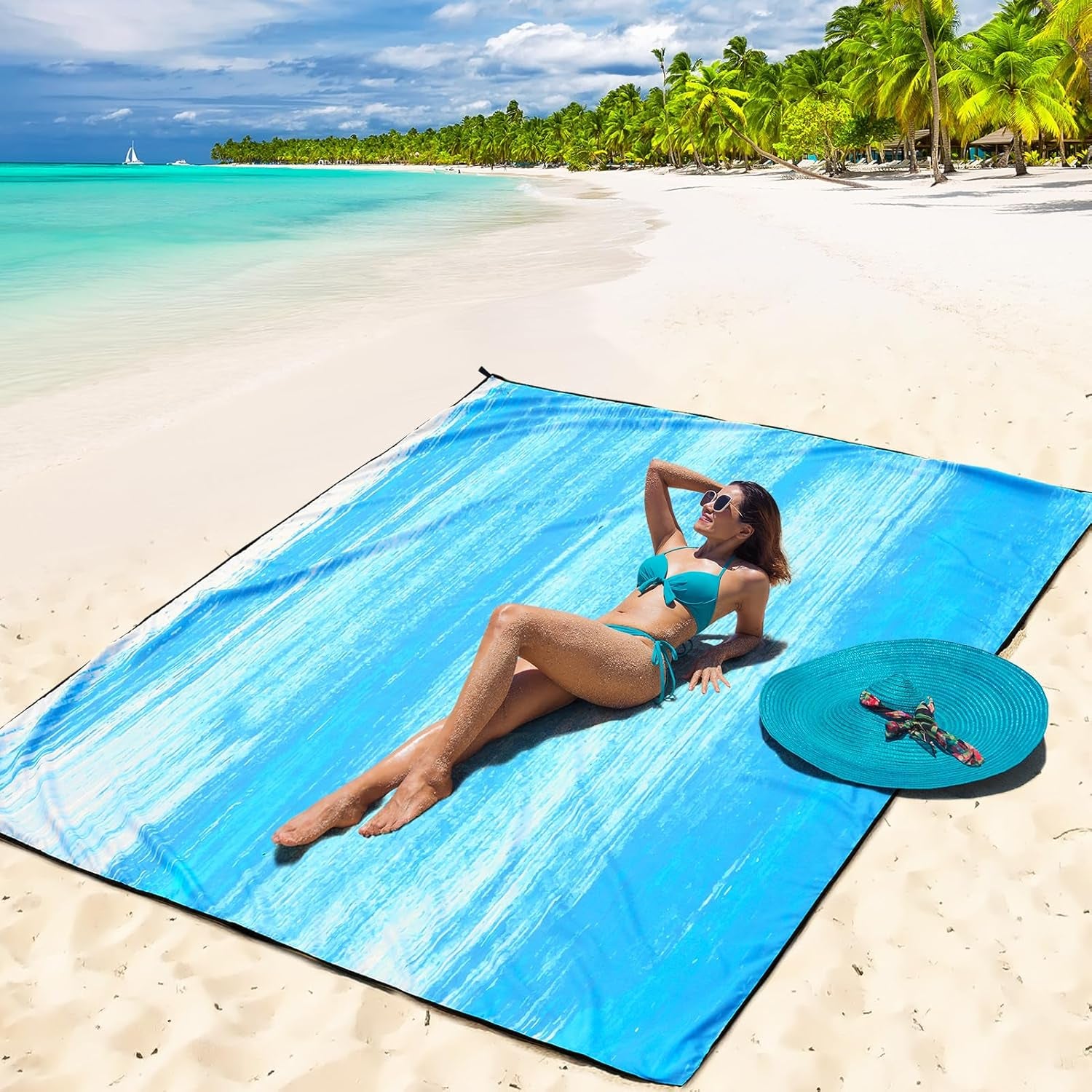 Beach Blanket Waterproof Sandproof Beach Mat 79" X 83"/10'X9'For 2-8 Adults Quick Drying Outdoor Picnic Mat Beach Accessories for Travel, Camping, Hiking