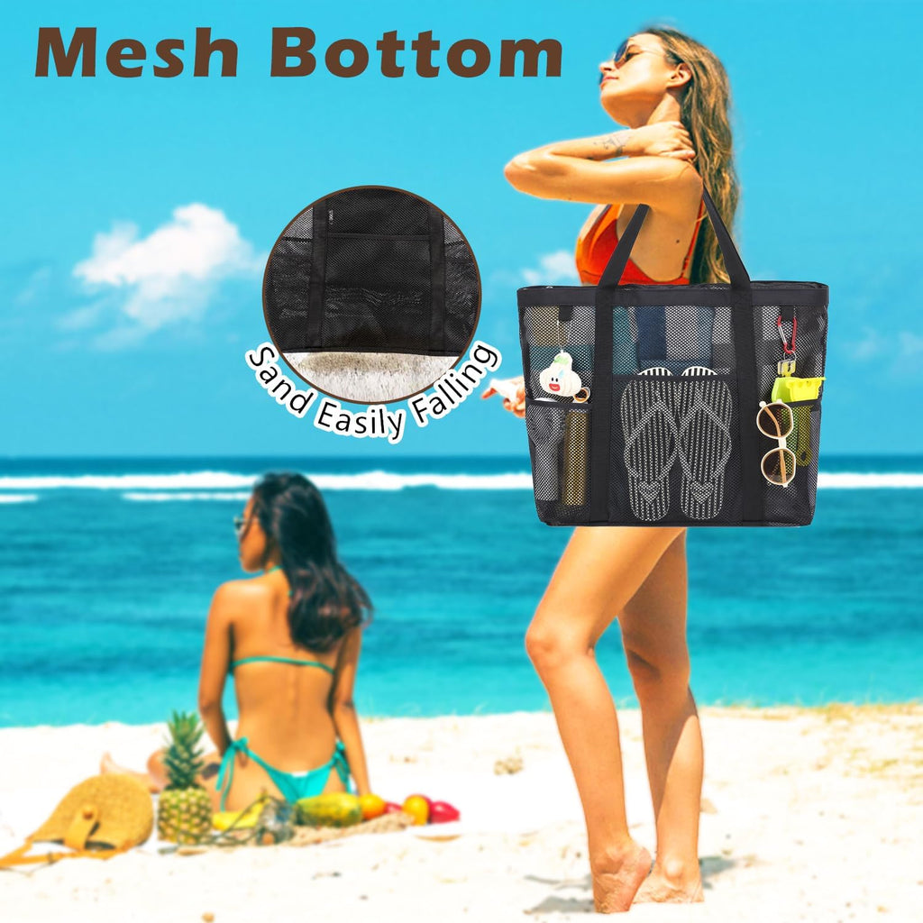 Mesh Beach Bag with Zipper for Women, Large Beach Tote Sandproof Toys Pool Swim Bag Travel Vacation Cruise Essentials
