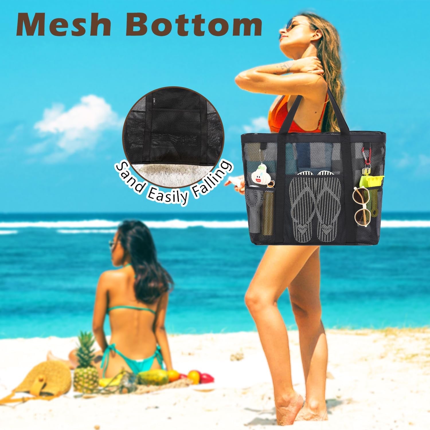 Mesh Beach Bag with Zipper for Women, Large Beach Tote Sandproof Toys Pool Swim Bag Travel Vacation Cruise Essentials