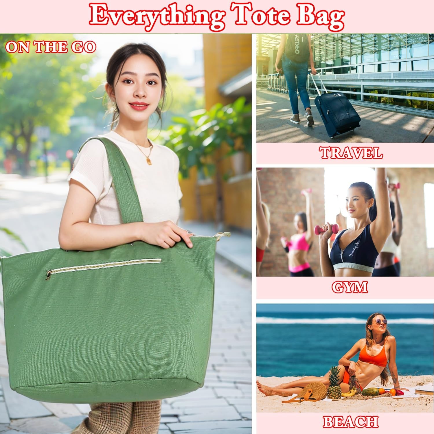Beach Bags Waterproof Sandproof for Women, Large Canvas Pool Bag with Leakproof Wet Pocket & Zipper Cruise Essentials