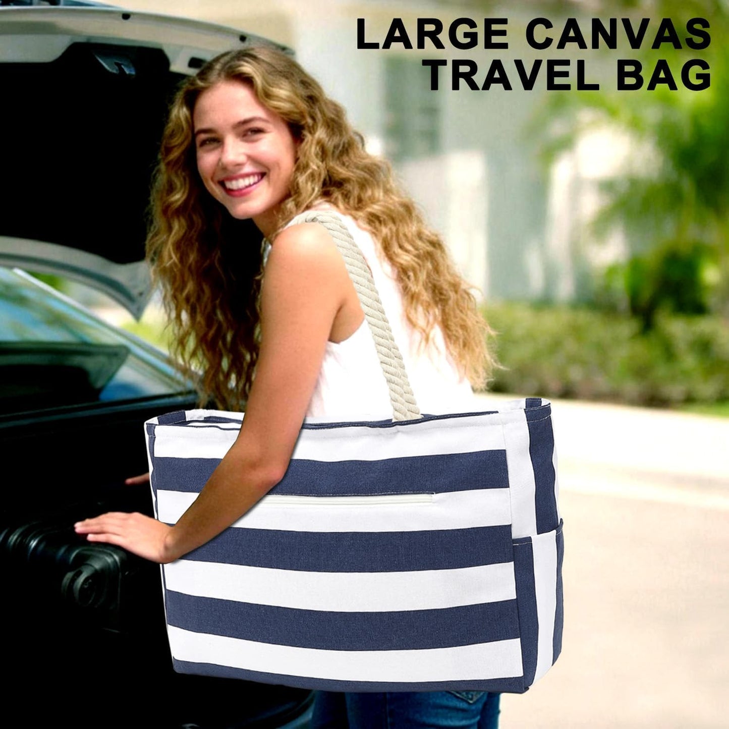 Beach Bags Waterproof Sandproof for Women, Large Canvas Pool Bag with Leakproof Wet Pocket & Zipper Cruise Essentials
