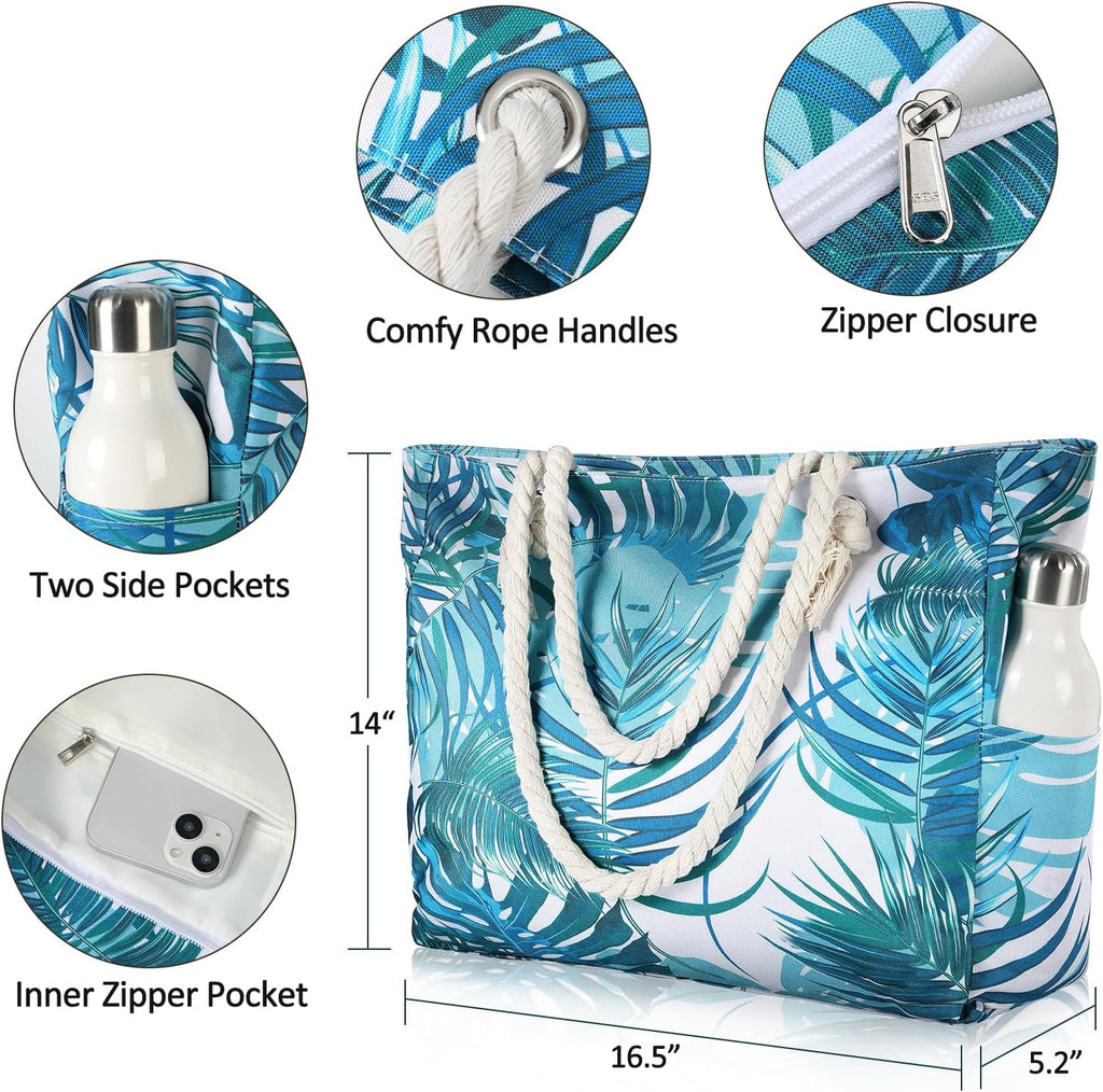 Beach Bag for Women - Large Beach Tote Bag, Waterproof Sandproof Beach Bag with Zipper, Large Swim Pool Beach Tote