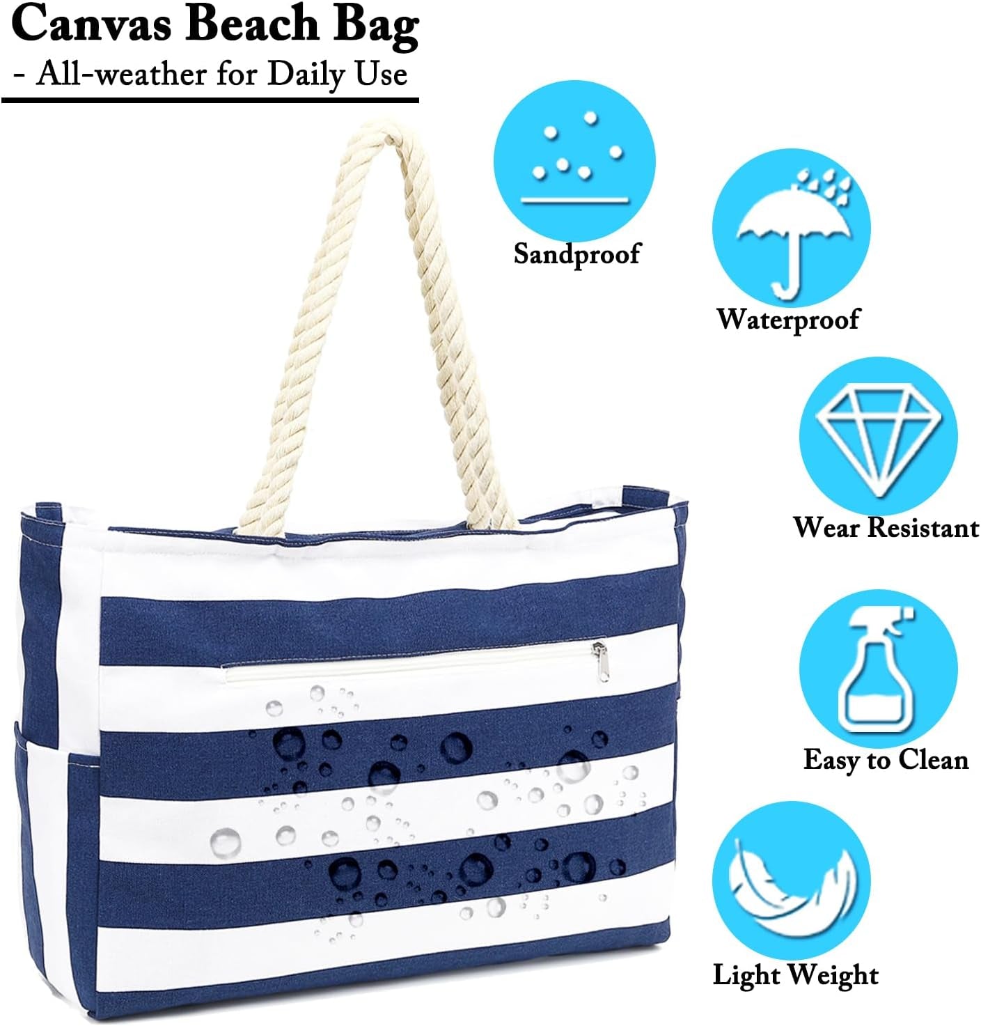 Beach Bags Waterproof Sandproof for Women, Large Canvas Pool Bag with Leakproof Wet Pocket & Zipper Cruise Essentials