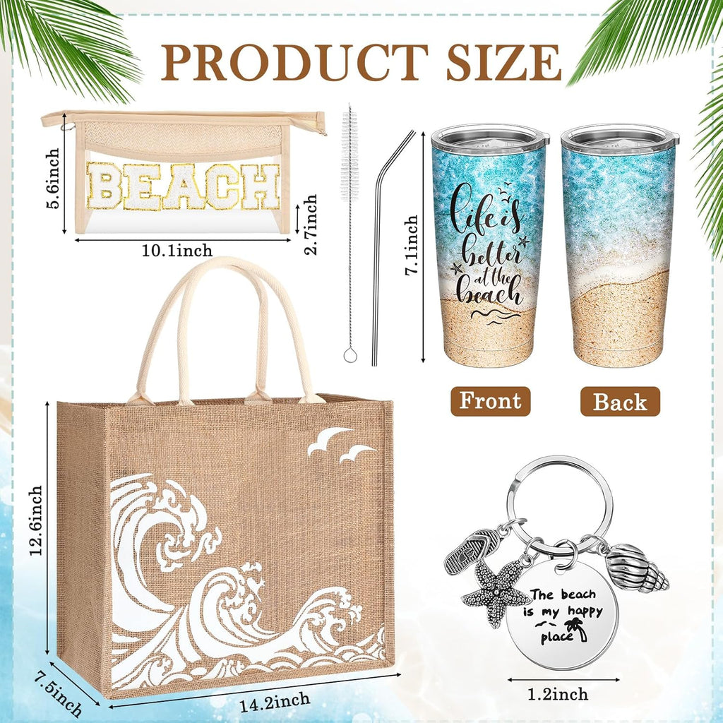 6 Pcs Beach Gifts for Women Set Beach Theme Gift Set Burlap Tote Bags Cosmetic Bag 20 Oz Tumbler Keychain for Birthday Holiday Travel Wedding Bridal Shower Bride Bridesmaid Honeymoon(Classic)