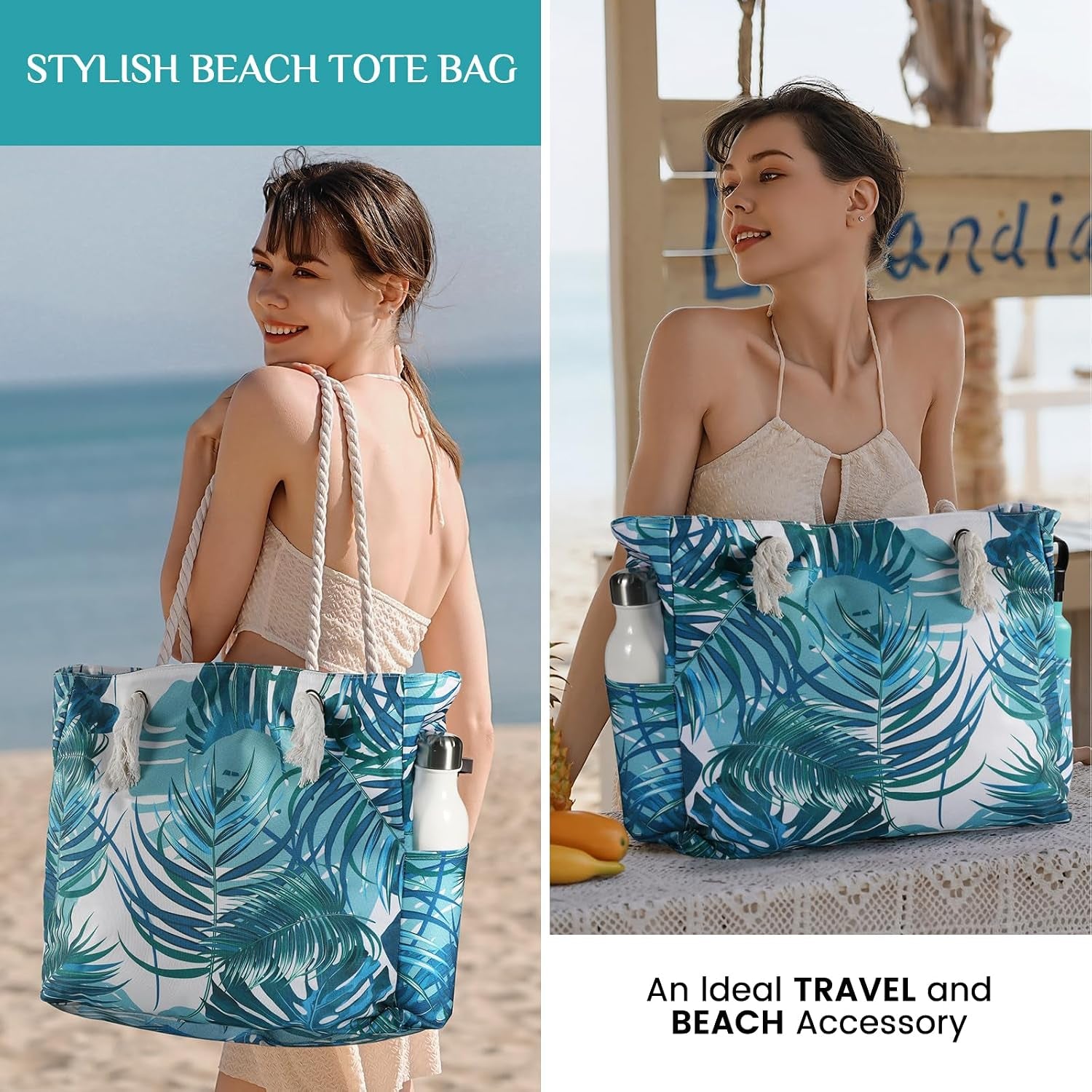 Beach Bag for Women - Large Beach Tote Bag, Waterproof Sandproof Beach Bag with Zipper, Large Swim Pool Beach Tote