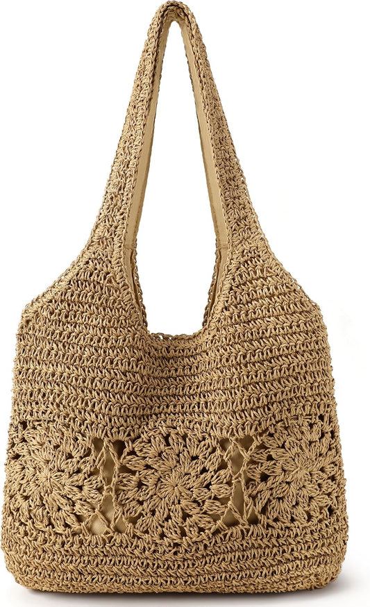 Beach Bag, Straw Beach Bags for Women, Floral Designed Beach Tote Lightweight Foldable Straw Bag