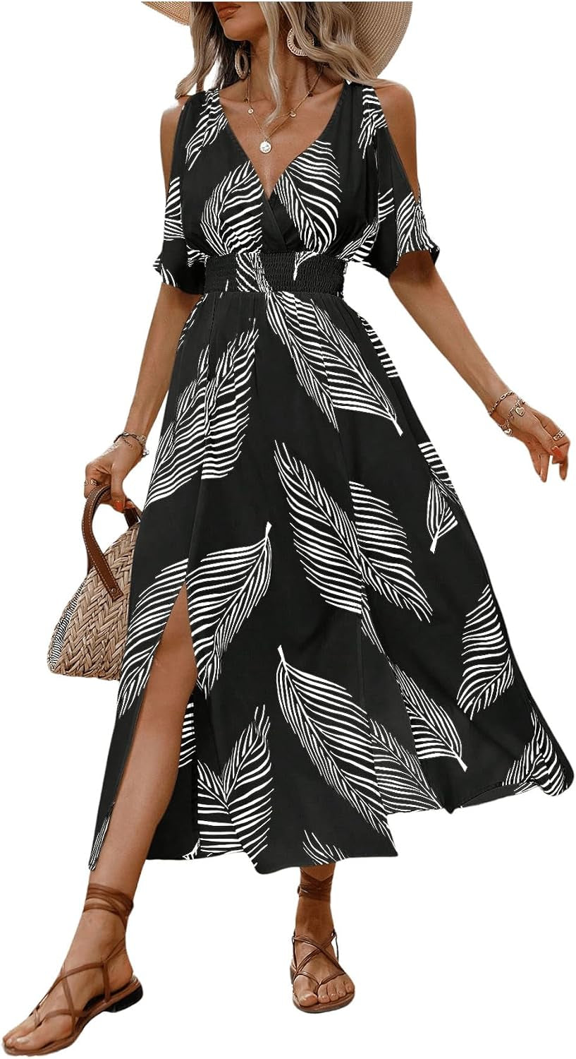 Women'S Vacation Beach Dress Hawaiian Maxi Dresses Tropical Cold Shoulder Sundress Summer Cruise Outfits 2026