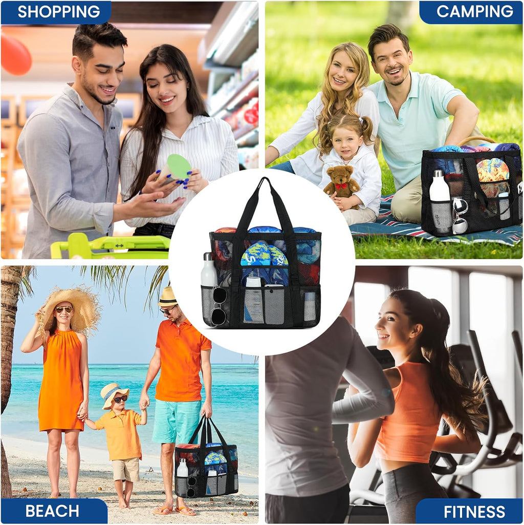 Beach Bag - Mesh Beach Bag Large 8 Pockets, Beach Tote Bag Beach Essentials for Vacation Must Haves