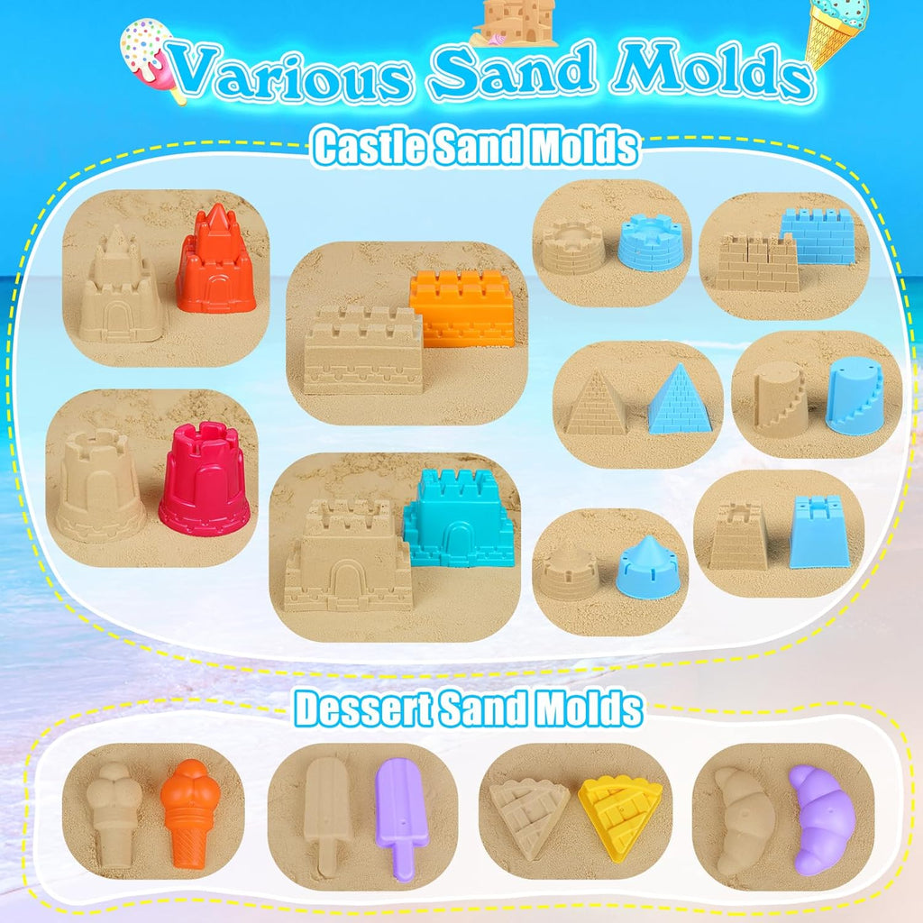 Beach Toys Sand Toys for Kids, Sand Castle Toys for Beach with 2 Castle Bucket and Mesh Bag, Sand Molds, Shovels and Rakes, Sandbox Toys for Toddlers, Travel Beach Toys for Kids 3-10