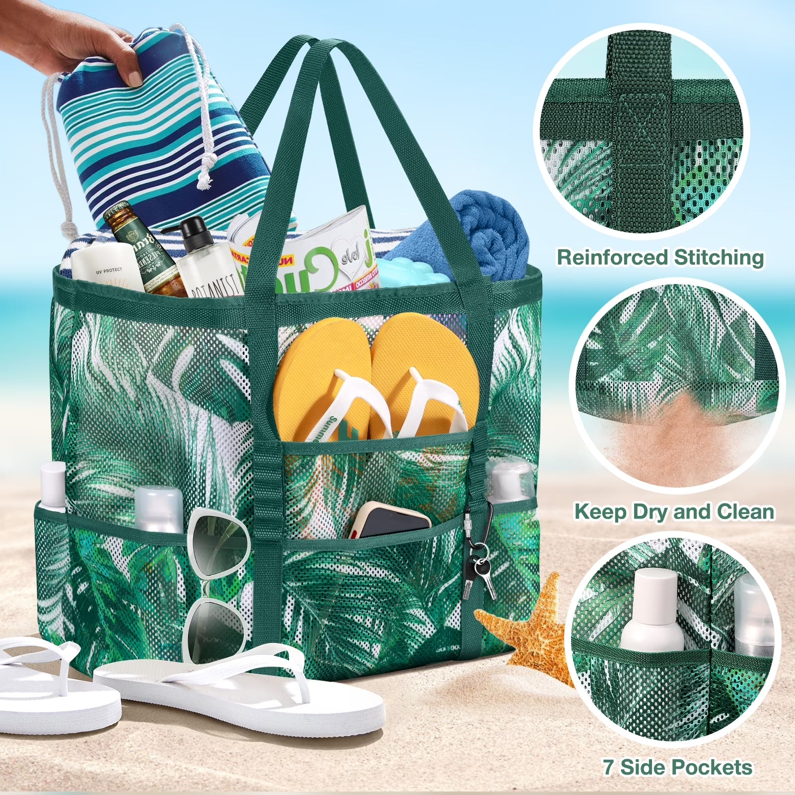 Mesh Beach Bag Rope Handles, Mesh Tote Bag for Women Contains Wicker Oversized Beach Tote Bag with 9 Small Pockets (Green)